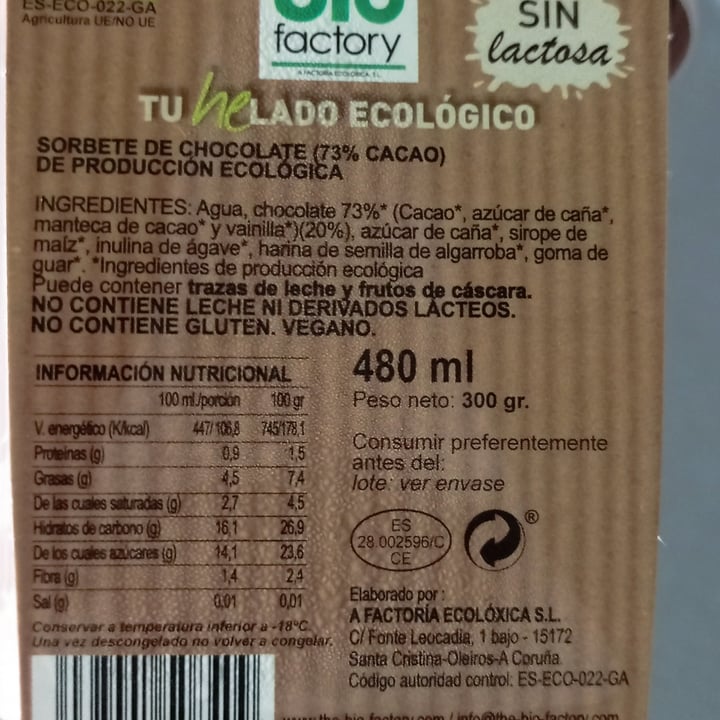 photo of The bio factory Helado de chocolate 73% shared by @nohemy on  17 Sep 2023 - review