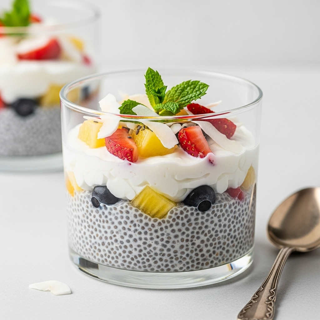 Close-up shot of creamy vegan chia pudding with layers of fruit and coconut.