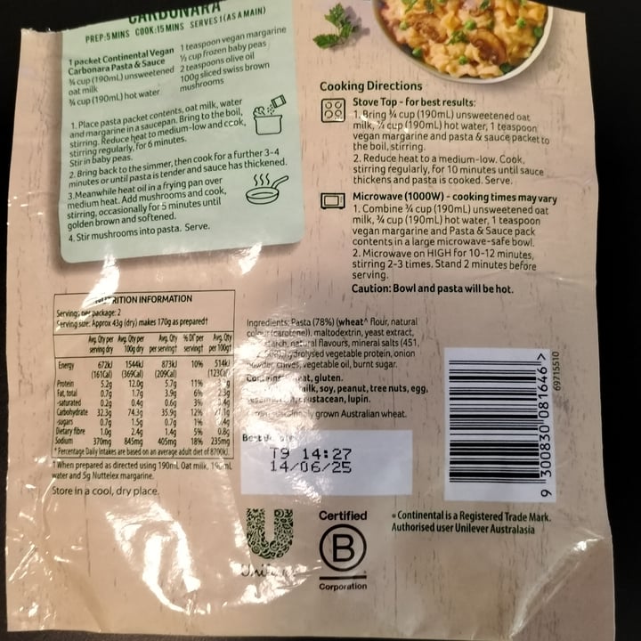photo of Continental Vegan Meat-Free Bacon Carbonara Pasta & Sauce shared by @helenevegan on  07 Apr 2024 - review