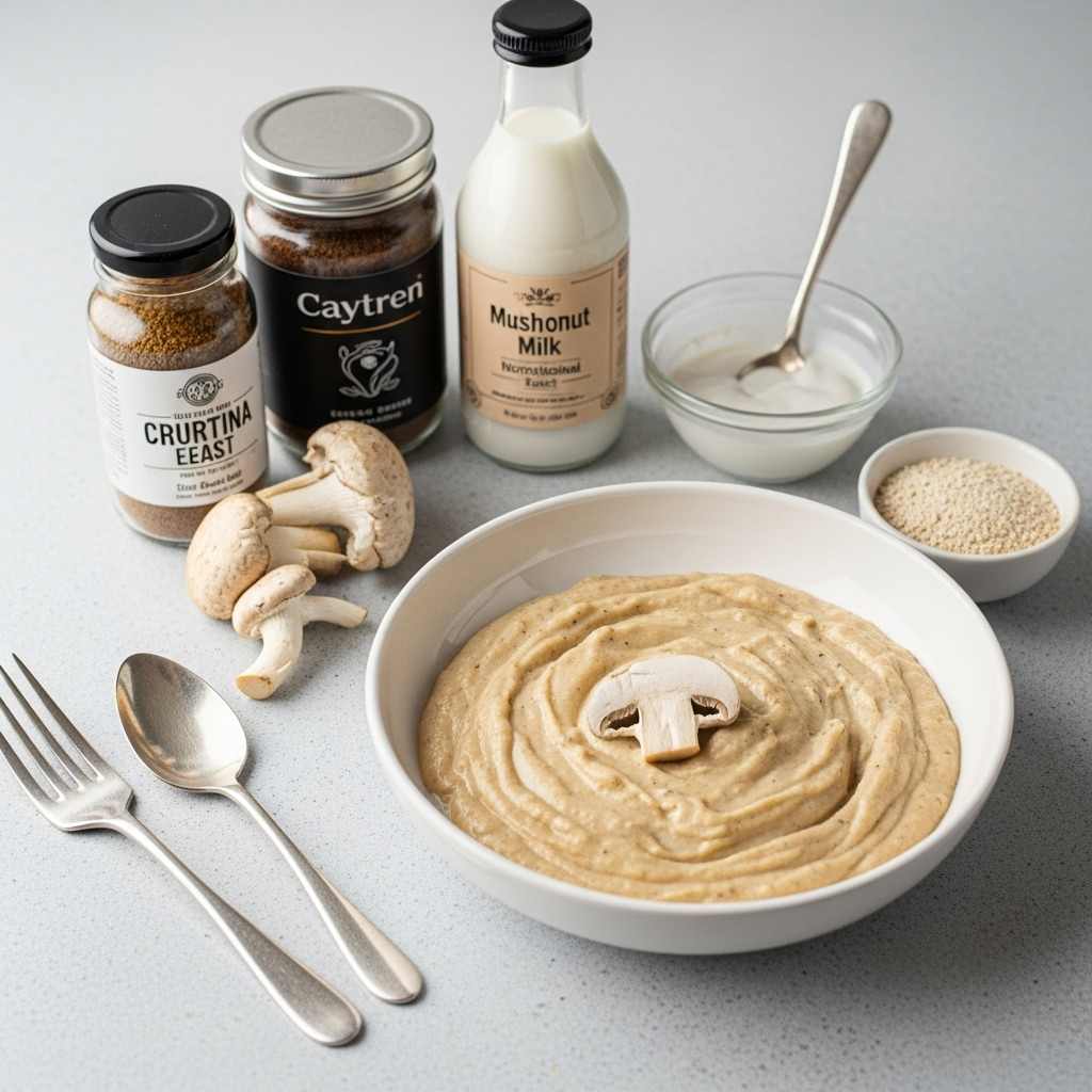 Ingredients for Vegan Mushroom Sauce including Coconut Milk and Nutritional Yeast
