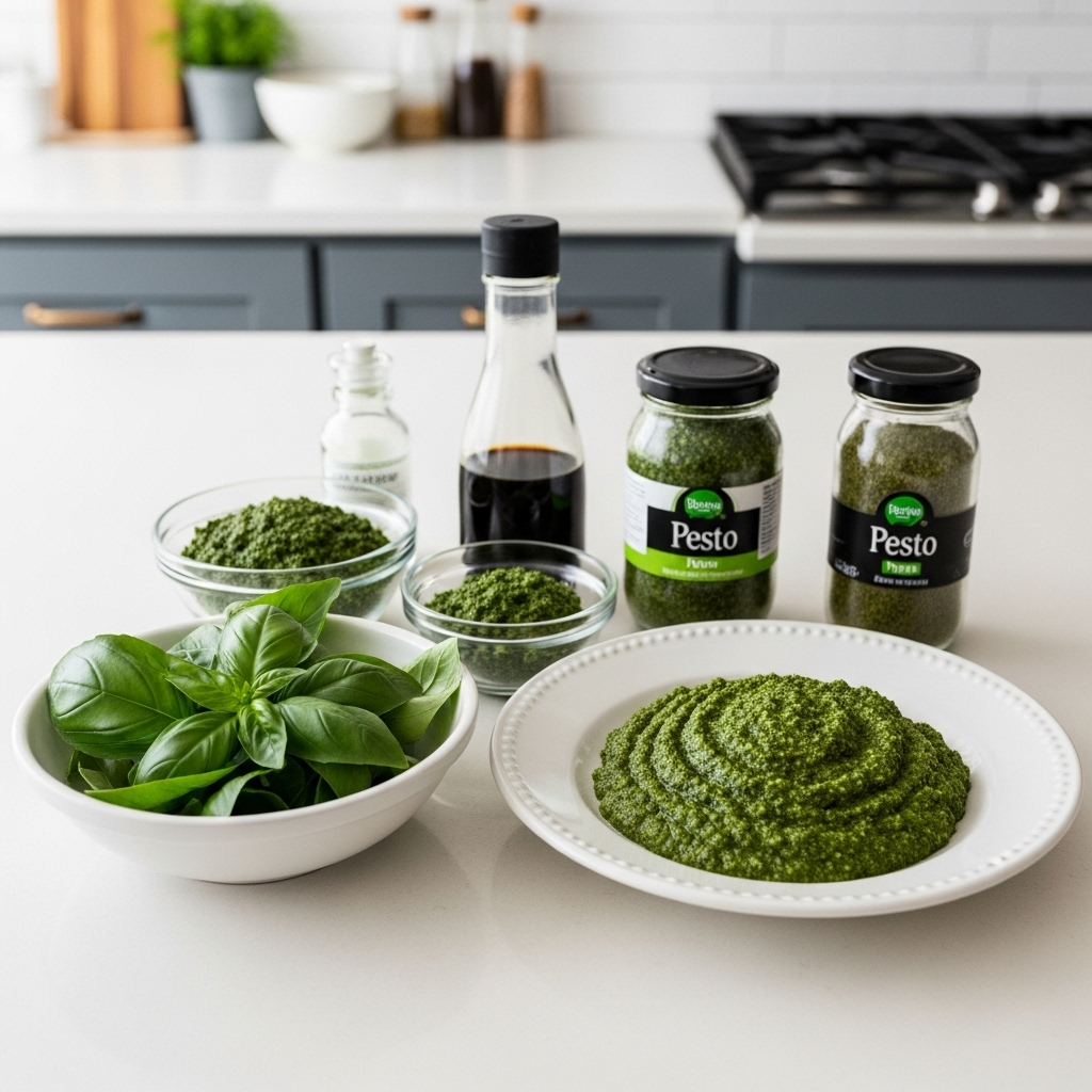 Ingredients for homemade vegan pesto laid out on a kitchen counter