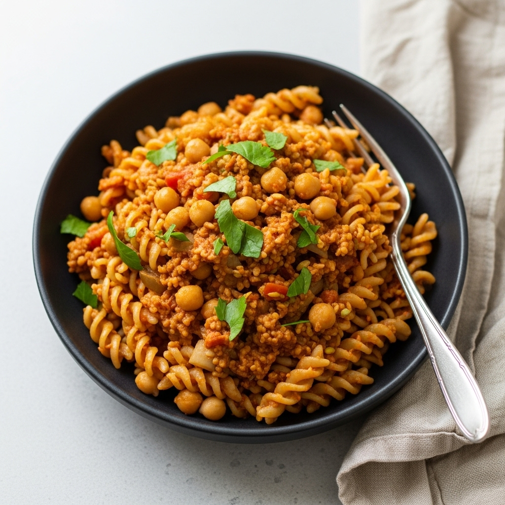 Wholesome vegan chickpea pasta dish, ready to be served.