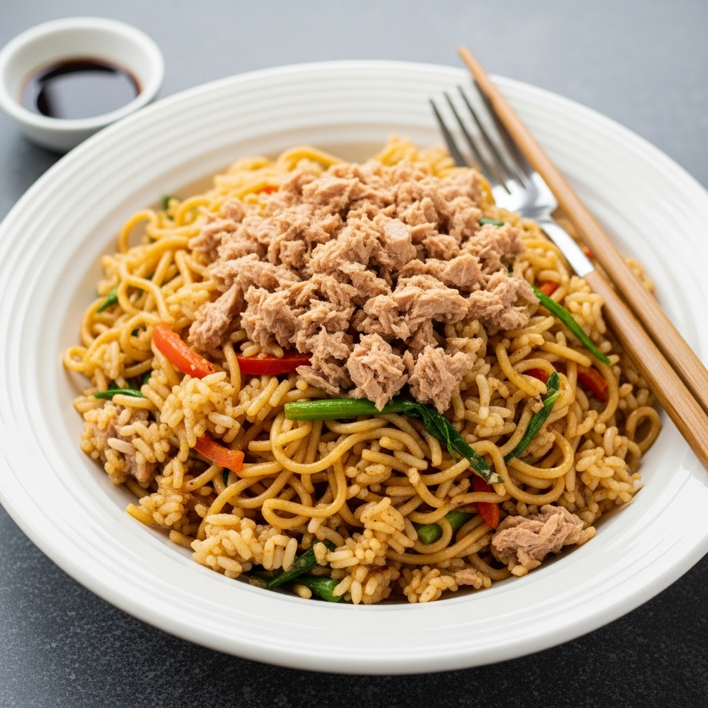 Vegan Tuna Mixed with Rice and Noodles