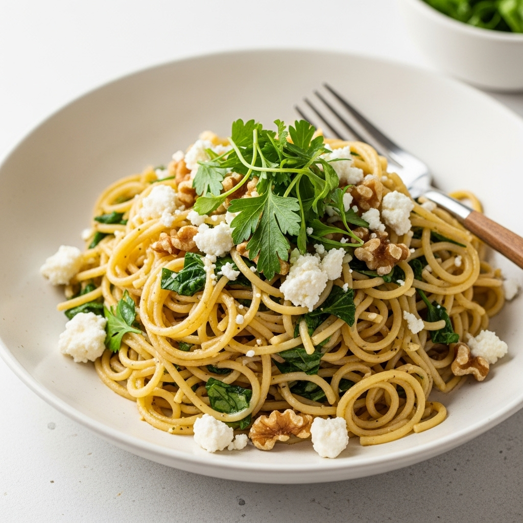 A beautifully plated bowl of vegan walnut, parsley, and feta angel hair pasta, garnished with fresh herbs and crumbled vegan feta.