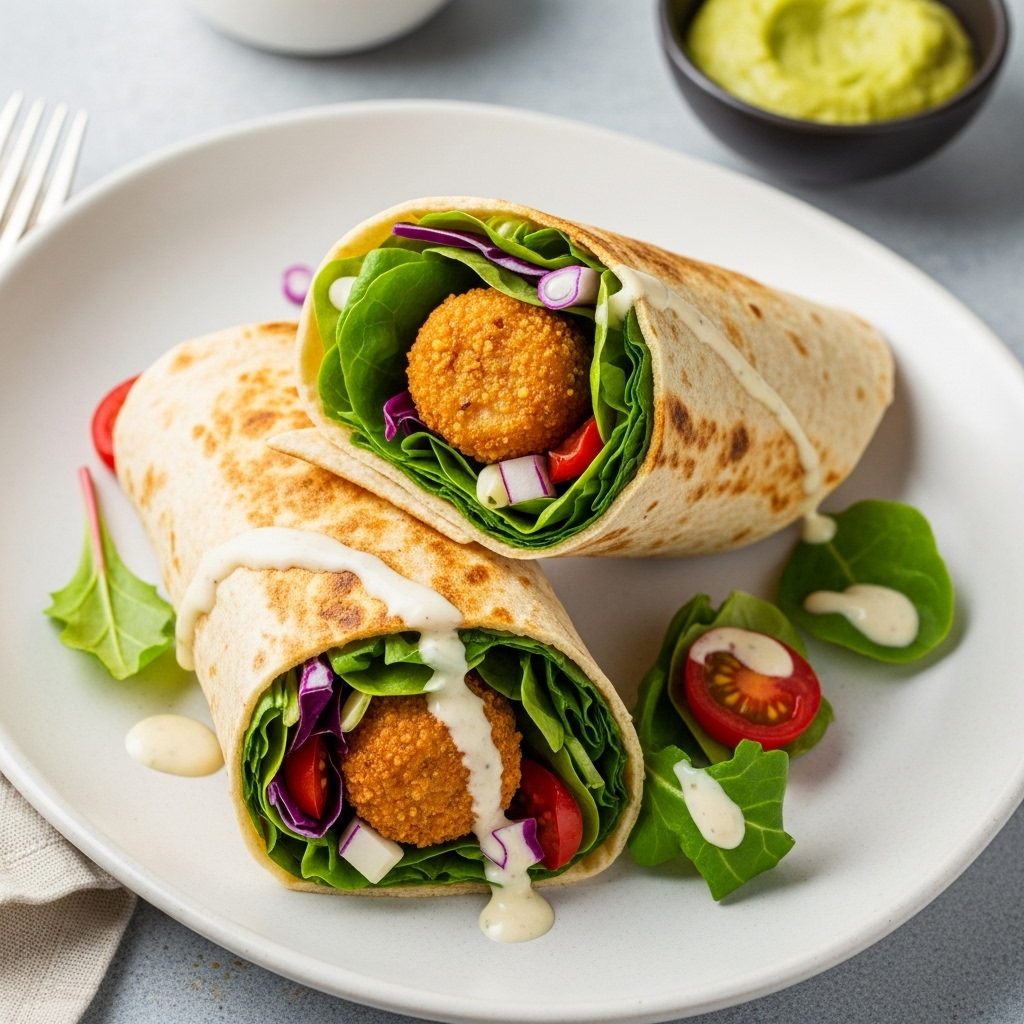 Squeaky Bean Vegan Chicken Style Poppers in a toasted wrap with fresh greens and a creamy dressing.