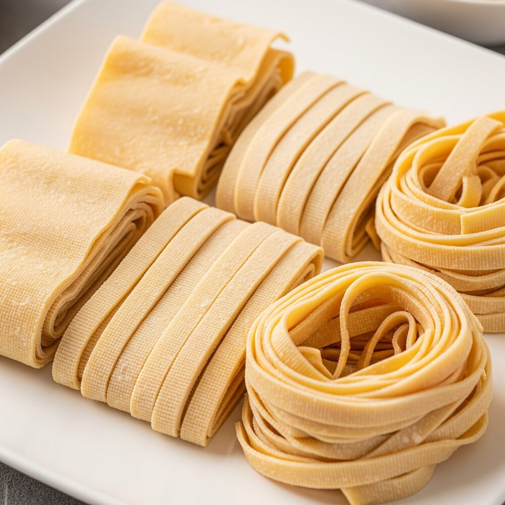Uncooked baiye tofu prepared in noodle slices