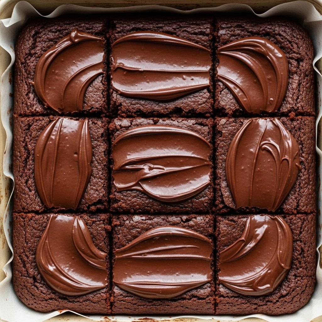 Overhead shot of the freshly baked sweet potato brownies in a baking dish, with a glossy layer of melted chocolate spread over them.