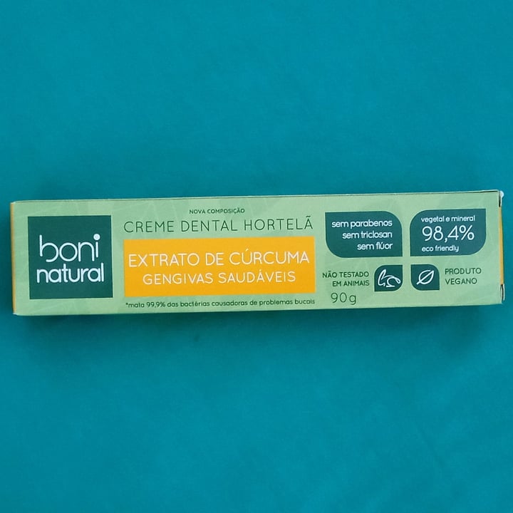 photo of Boni natural Creme dental de hortelã com extrato de cúrcuma shared by @estrelaveg on  05 Feb 2024 - review