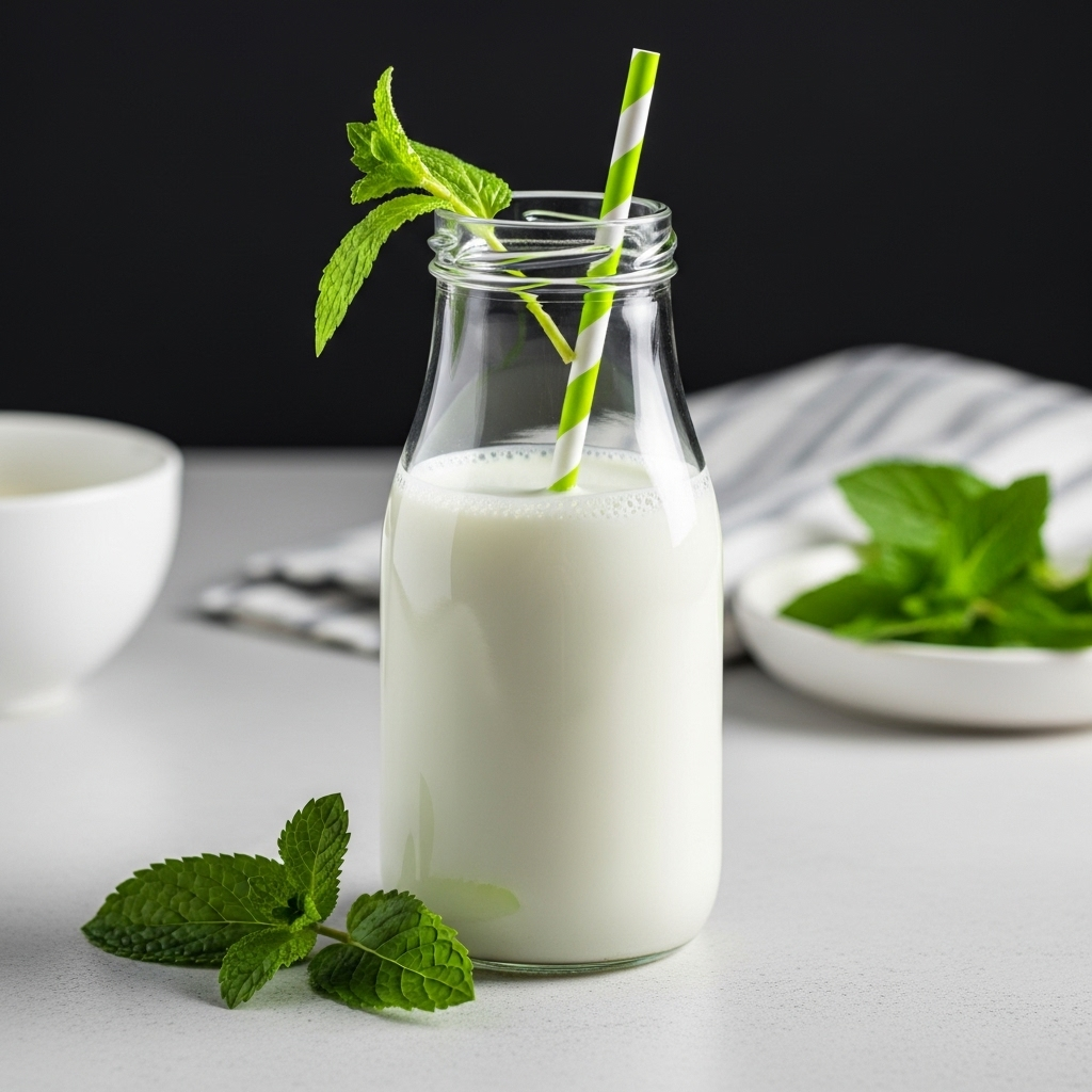 Freshly made homemade plant milk in a glass bottle, ready for enjoyment.