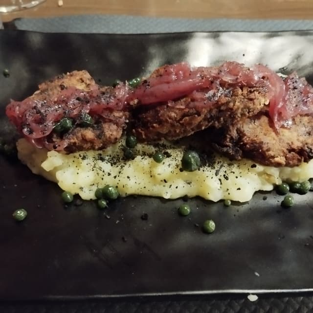 Photo of the dish “bistecchine di soia su crema di patate e caviale al basilico”