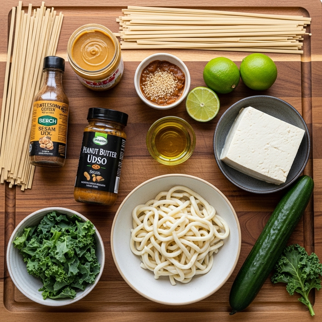 Ingredients for Peanut Butter Miso Udon laid out on a wooden board: dried udon noodles, a jar of peanut butter, miso paste, sesame oil, limes, a block of tofu, fresh kale, and a cucumber.