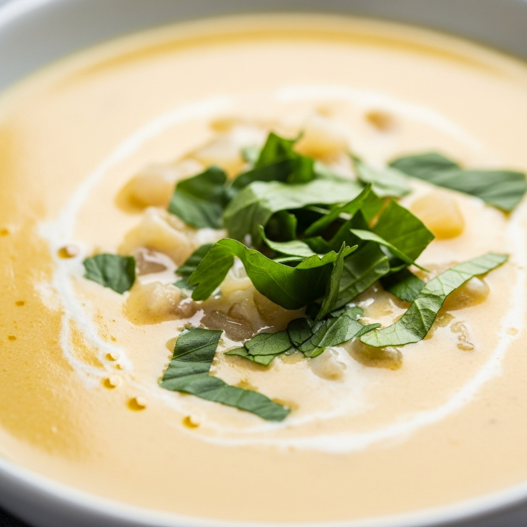 Close-up of creamy vegan avgolemono-style soup garnished with fresh herbs
