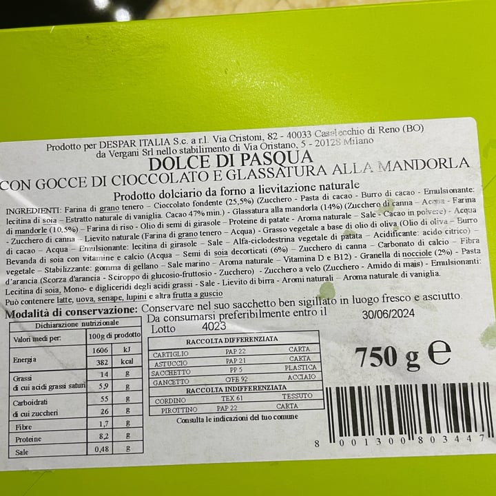 photo of Despar Veggie Dolce di Pasqua con gocce di cioccolato e glassatura alla mandorla shared by @veraab on  06 Apr 2024 - review