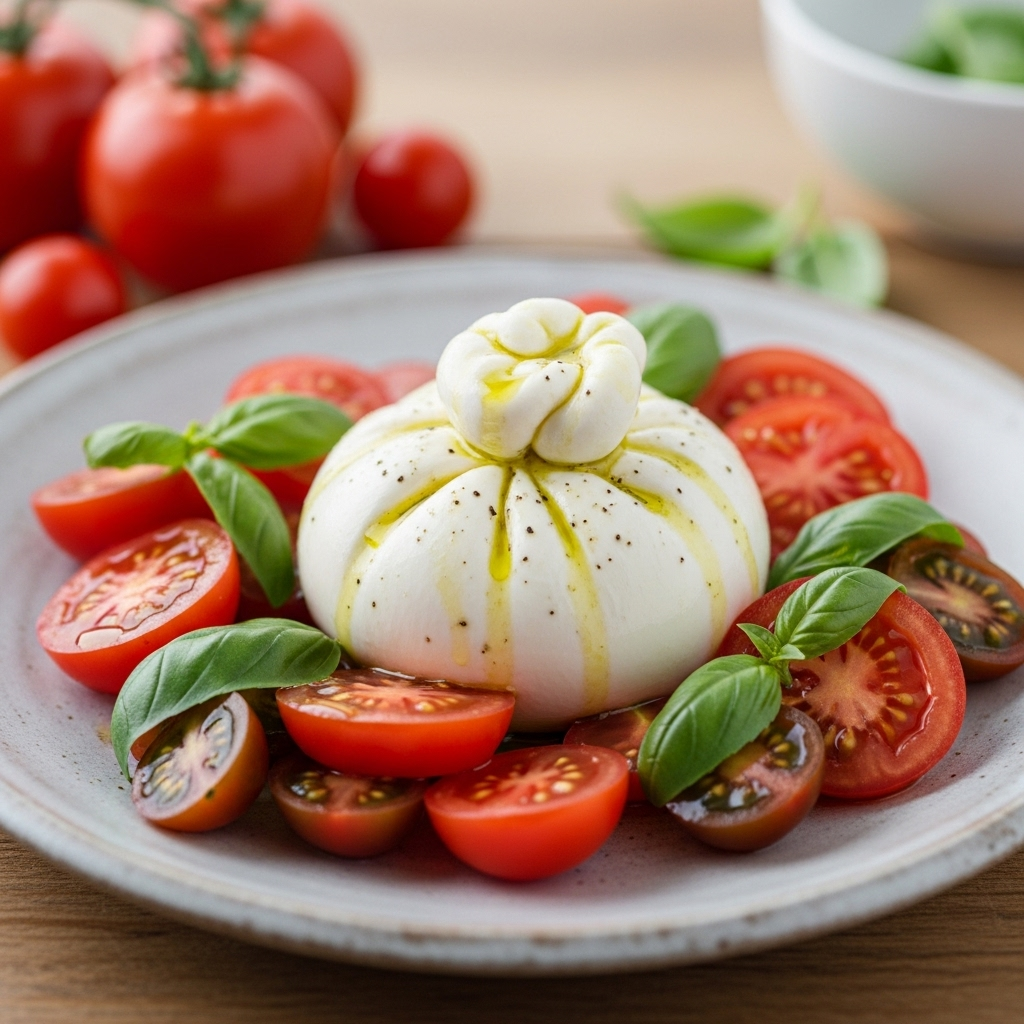 Freshly made vegan burrata served with ripe tomatoes, basil, and a drizzle of olive oil.