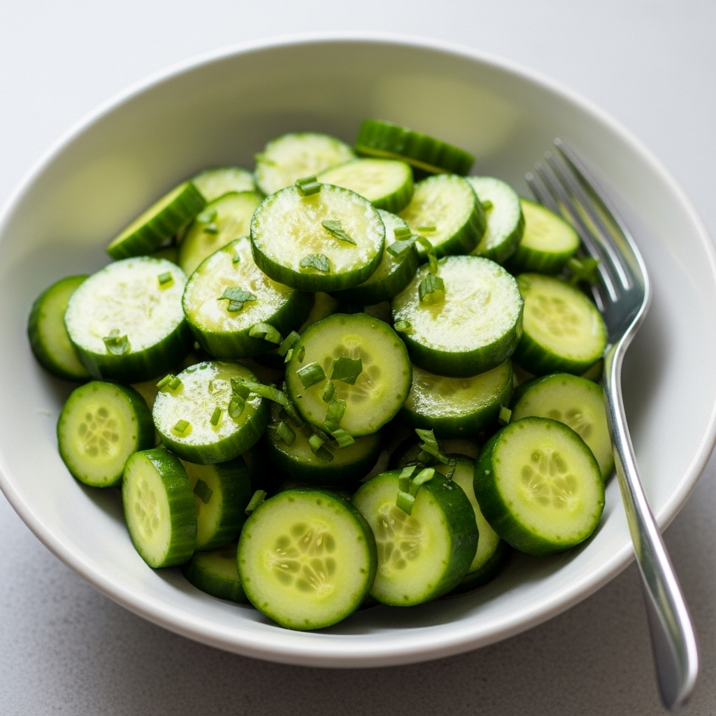 A bowl of perfectly sliced mini cucumbers, lightly dressed and ready to be served as a refreshing side.