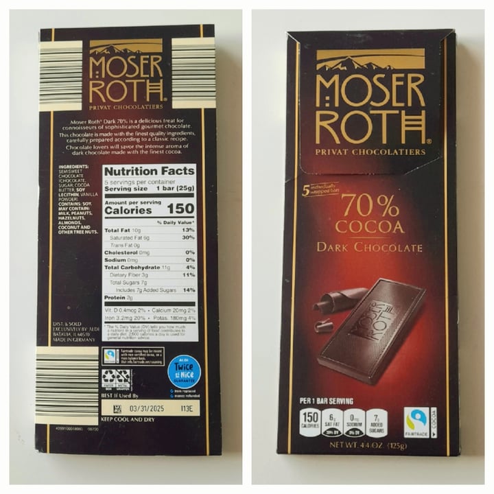 photo of Moser Roth 70% Dark Chocolate Bar shared by @meiretorres2022 on  29 May 2024 - review