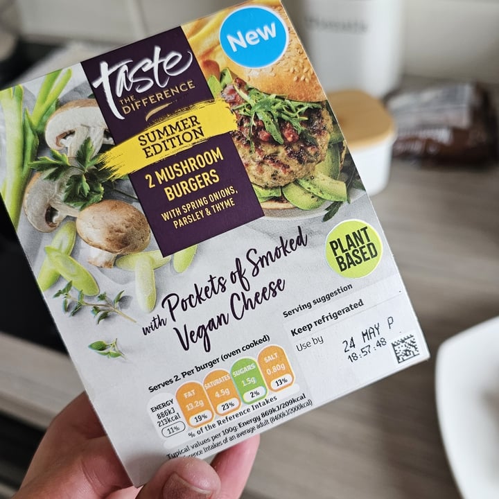 photo of Sainsbury’s Taste The Difference 2 mushroom burgers with pockets of smoked vegan cheese shared by @snowfairysugar on  23 May 2023 - review