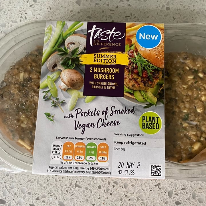 photo of Sainsbury’s Taste The Difference 2 mushroom burgers with pockets of smoked vegan cheese shared by @leevardy on  21 May 2023 - review