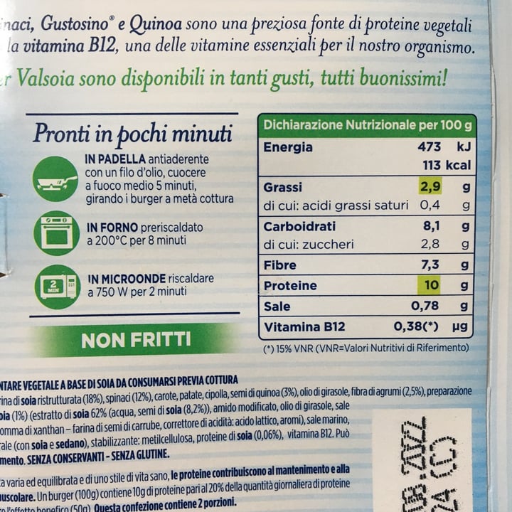 photo of Valsoia Burger spinaci, gustosino e quinoa shared by @huliet on  07 Jan 2023 - review