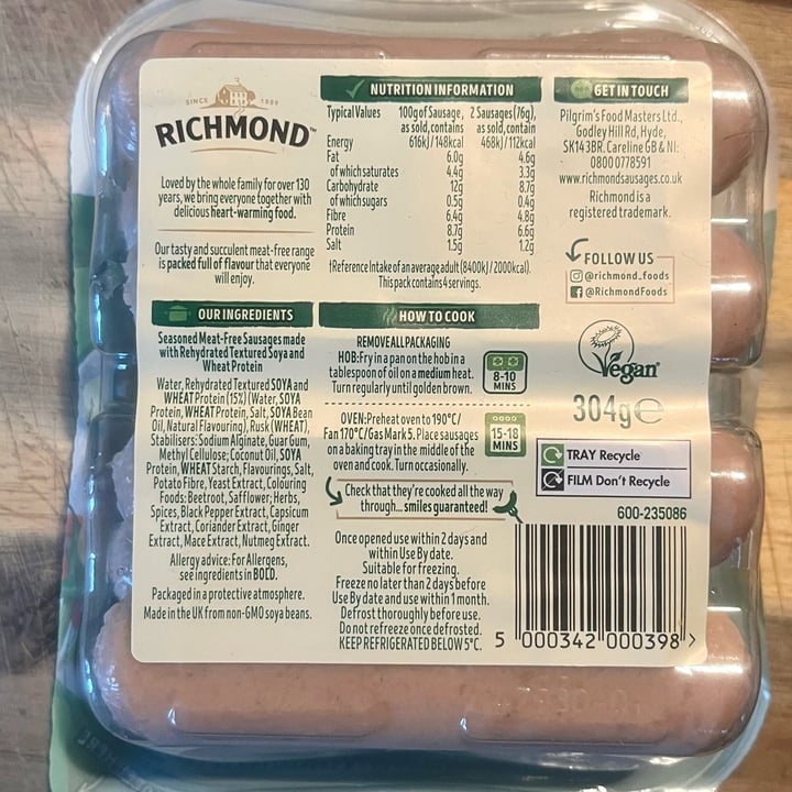 photo of Richmond 8 meat-free sausages shared by @mtp on  14 Apr 2023 - review