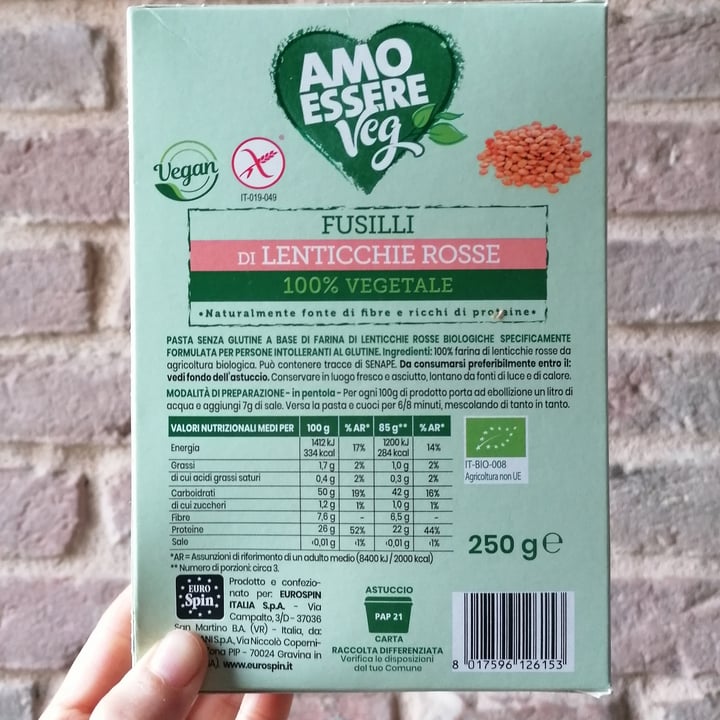 photo of Amo Essere Veg fusilli di lenticchie rosse shared by @micheladallavalle on  22 Apr 2023 - review