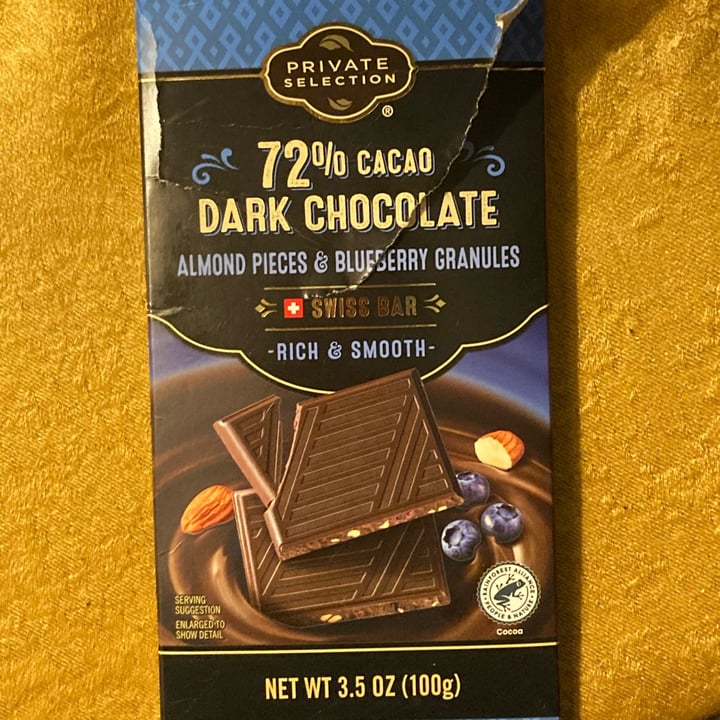 photo of Private Selection  72% Cacao Dark Chocolate with Almond pieces and Blueberry granules shared by @punksappho on  08 Jul 2023 - review