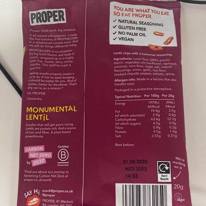 photo of Proper Chips Barbecue Lentil Chips shared by @rayray96 on  13 Apr 2023 - review