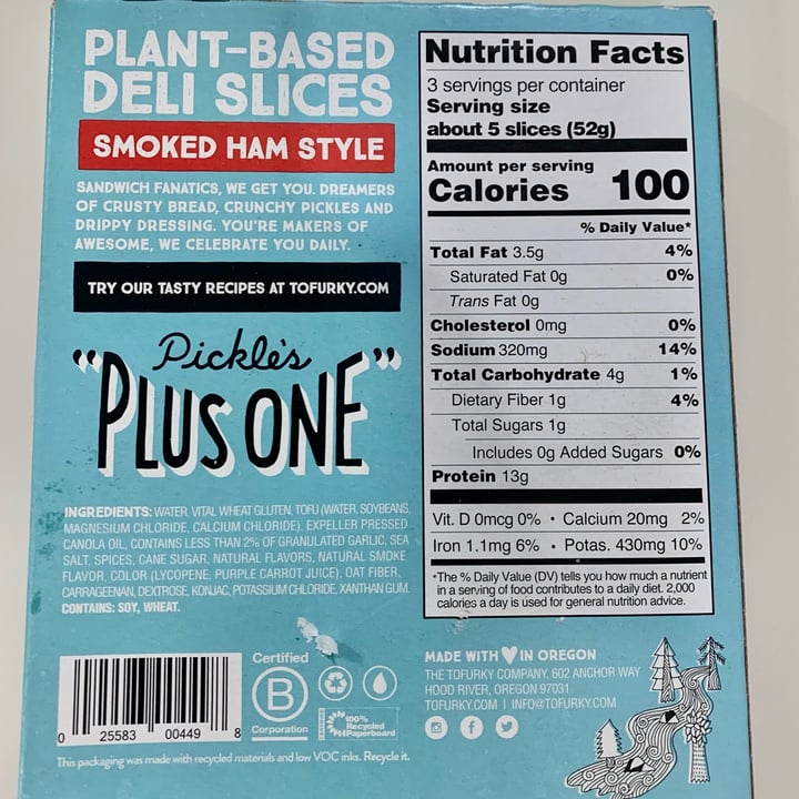 photo of Tofurky Plant-based Deli Slices Smoked Ham Style shared by @nancy on  19 Jul 2023 - review