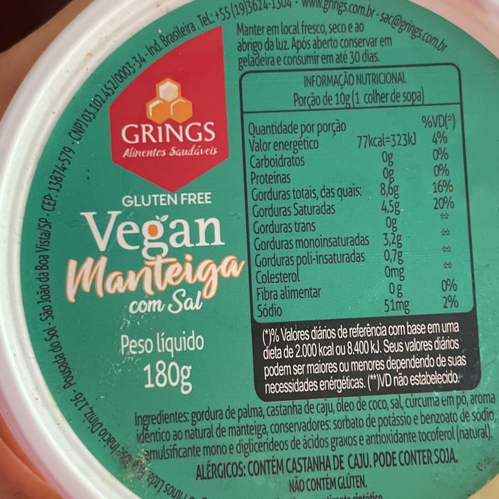 photo of Grings Manteiga vegana gluten free shared by @carolsjunqueira on  05 Jan 2023 - review