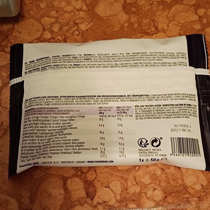 photo of Foodspring Vegan protein cookie - blueberry cheesecake flavour shared by @wonka on  31 May 2023 - review
