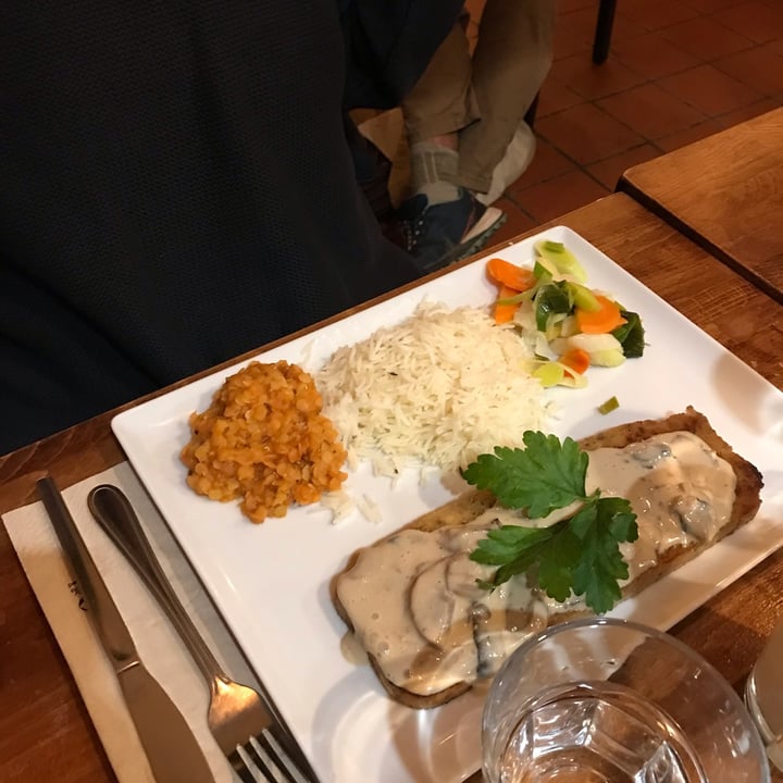 photo of Végét'Halles Escalope De Seitan avec Crème aux champignons, riz, légumineuse et Légumes du jour shared by @arenavegan on  12 Jan 2023 - review