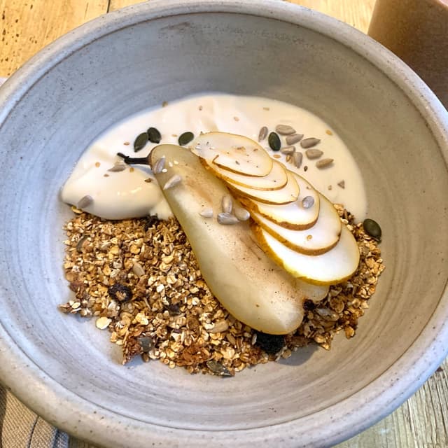 Photo of the dish “Granola w/ Poached Pear”