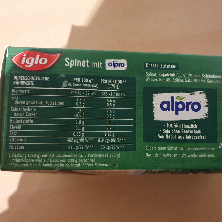 photo of Iglo Spinat mit Alpro shared by @sunguria on  28 Mar 2023 - review