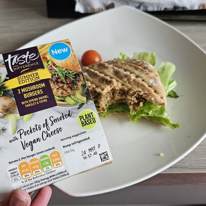 photo of Sainsbury’s Taste The Difference 2 mushroom burgers with pockets of smoked vegan cheese shared by @snowfairysugar on  23 May 2023 - review