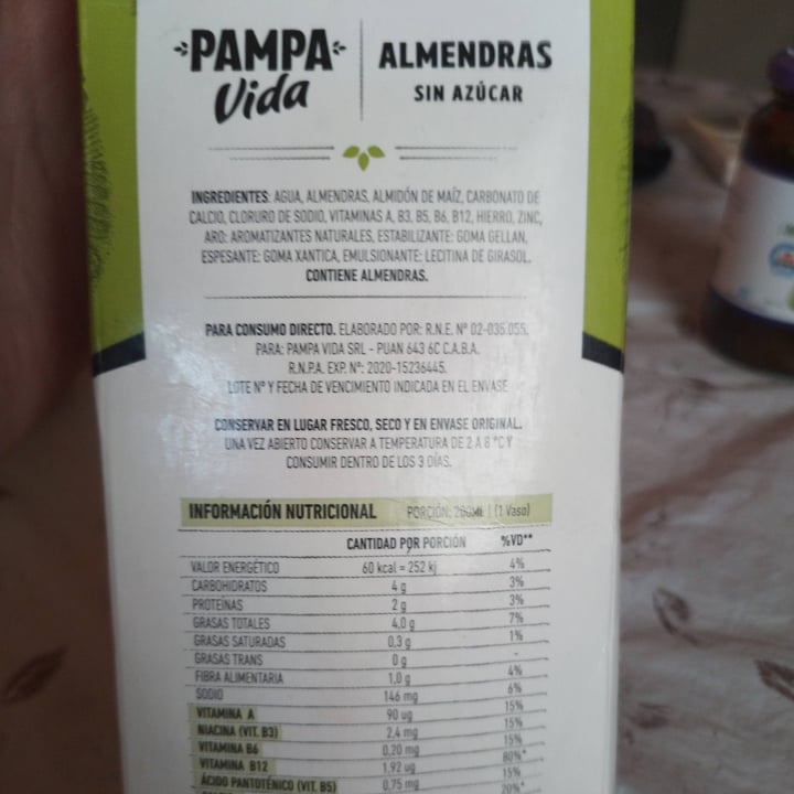 photo of Pampa Vida Leche de Almendras Sin Azúcar shared by @vegananivel5 on  10 Jan 2023 - review