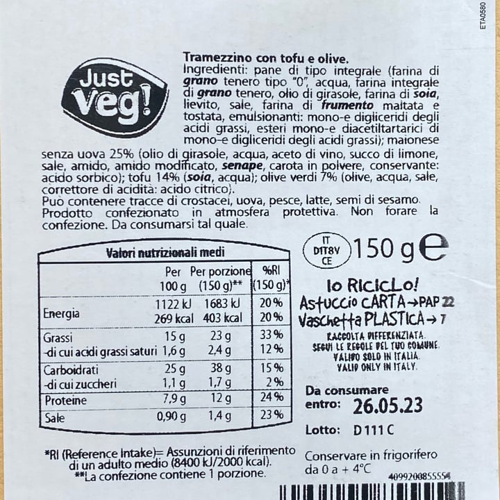 photo of Just Veg! (ALDI Italy) Tramezzino Tofu E Olive shared by @lilium78 on  09 May 2023 - review