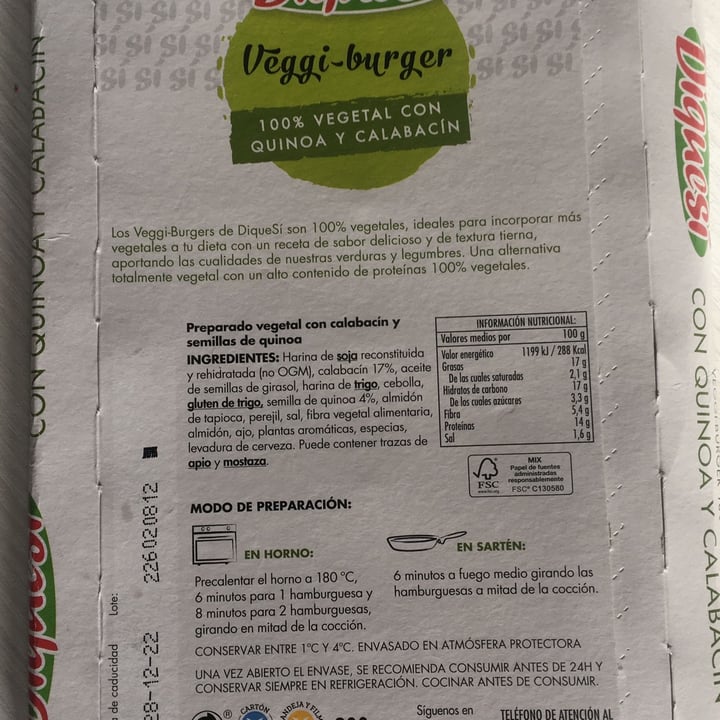 photo of Diquesí Veggi-burger 100% Vegetal Con Quinoa Y Calabacín shared by @richiraven on  30 Dec 2022 - review