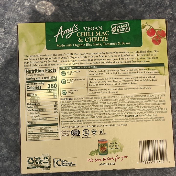 photo of Amy’s Vegan Chili Mac & Cheeze shared by @allcowsfeelpaingoveg on  09 Jan 2023 - review