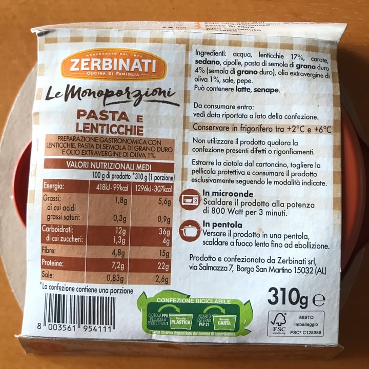 photo of Zerbinati le monoporzioni Pasta E Lenticchie shared by @laura-pina on  26 Dec 2022 - review