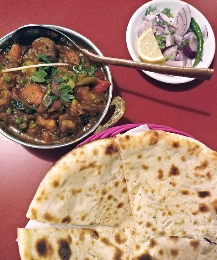 Cheese Naan and Vegetable Jalfrezi at Veg World India