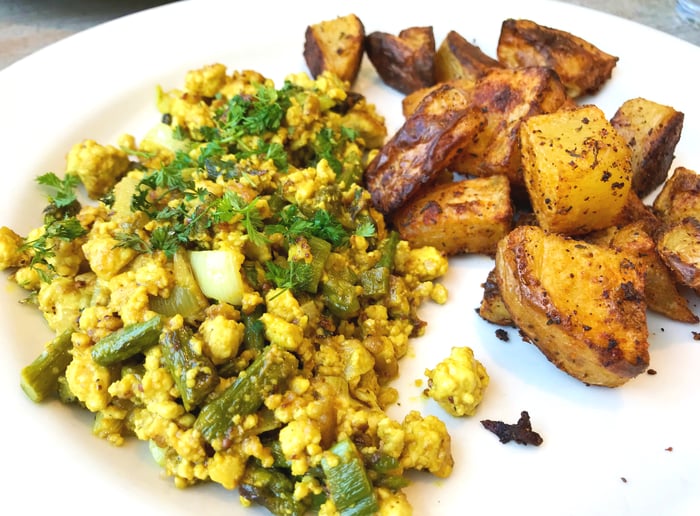 Spring Asparagus Scramble. Available gluten-free and/or vegan.