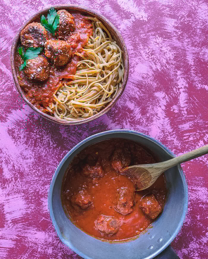 Red lentil pasta and jackfruit meatballs recipe
