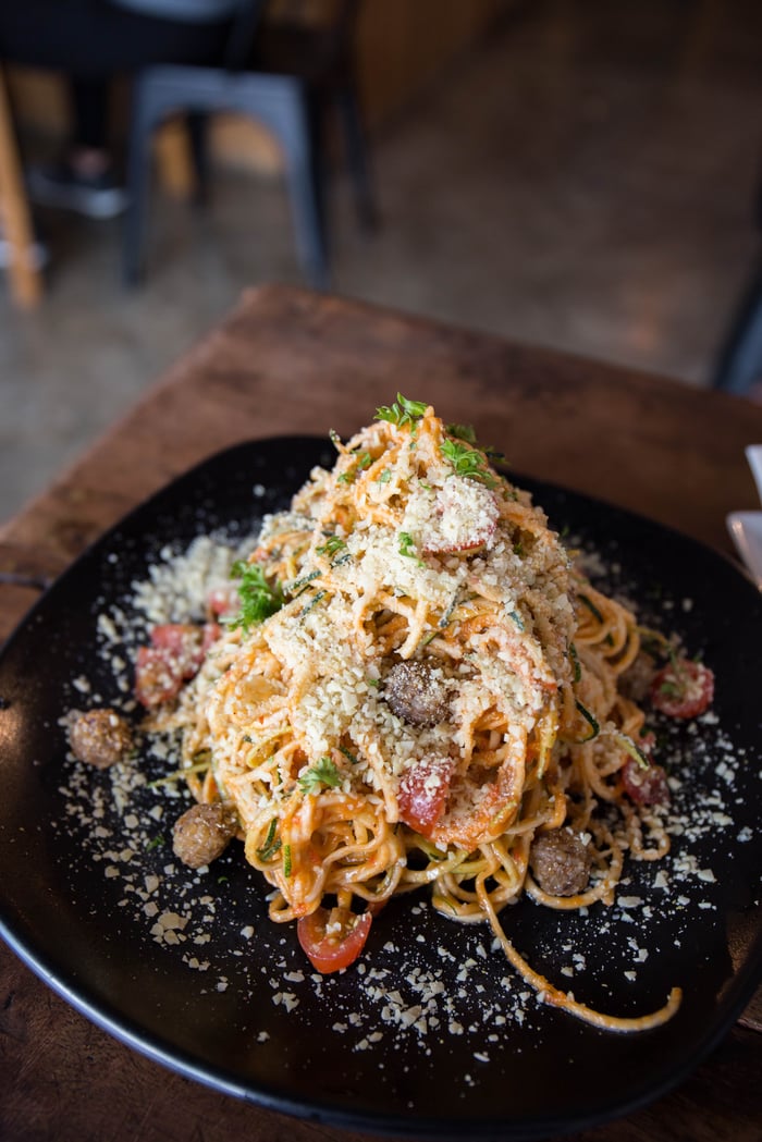 Raw Zucchini Linguine with Walnut Meatballs