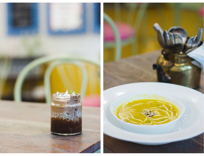 Chocolate and chia pudding (left), smoky squash (right)