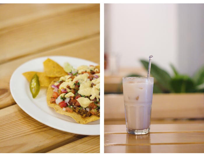 Soyrizo & potato tostada (left), Almond horchata (right)