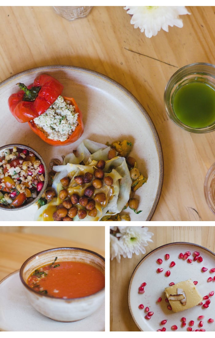 Farm to table trio, lemon cheesecake, watermelon gazpacho (clockwise from top)