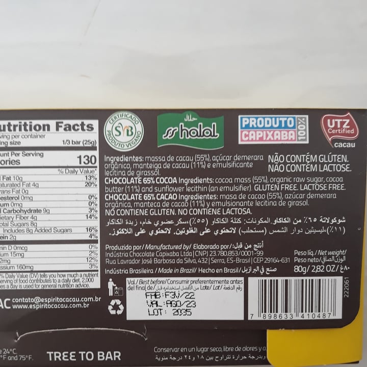 review photo of Espírito Cacau Chocolate 65% shared by @mslinda on 01 Sep 2022 - review