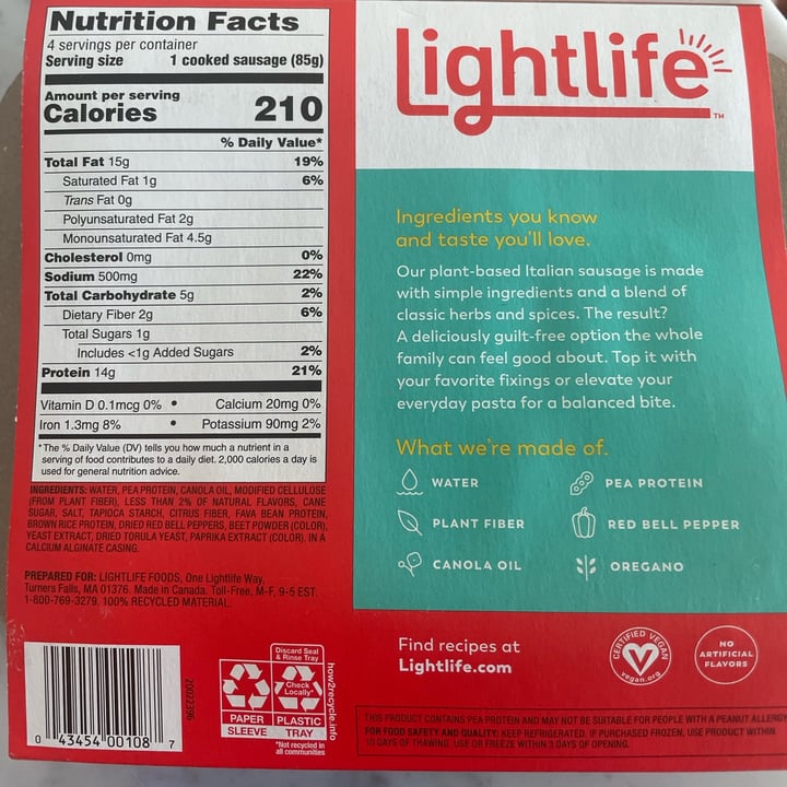 photo of Lightlife Smart Sausage Italian shared by @veg4n on  13 Oct 2021 - review