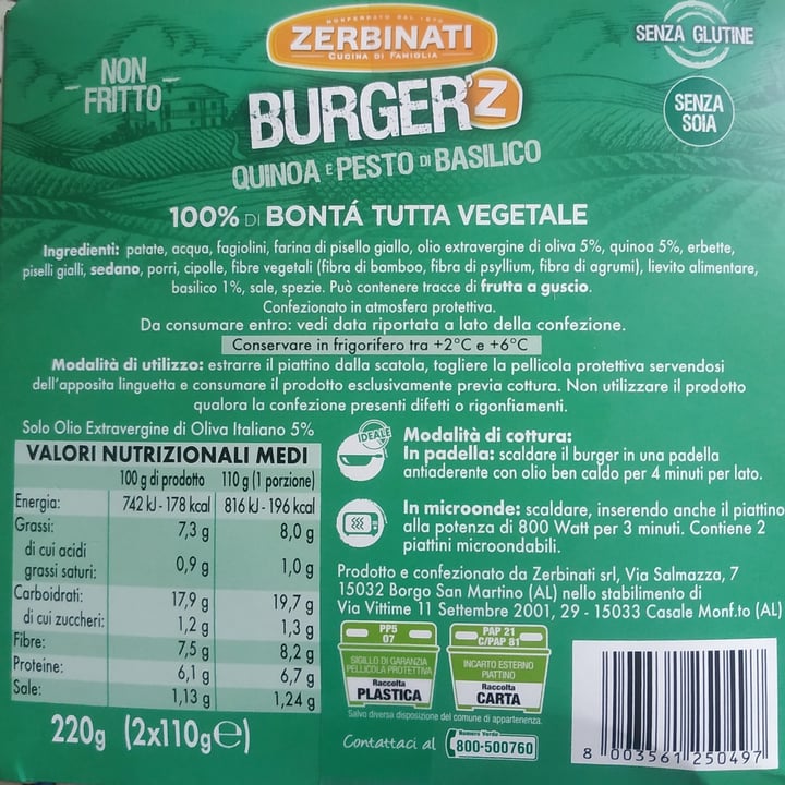 photo of Zerbinati Burger Quinoa E Pesto Di Basilico shared by @cecib on  18 Aug 2021 - review