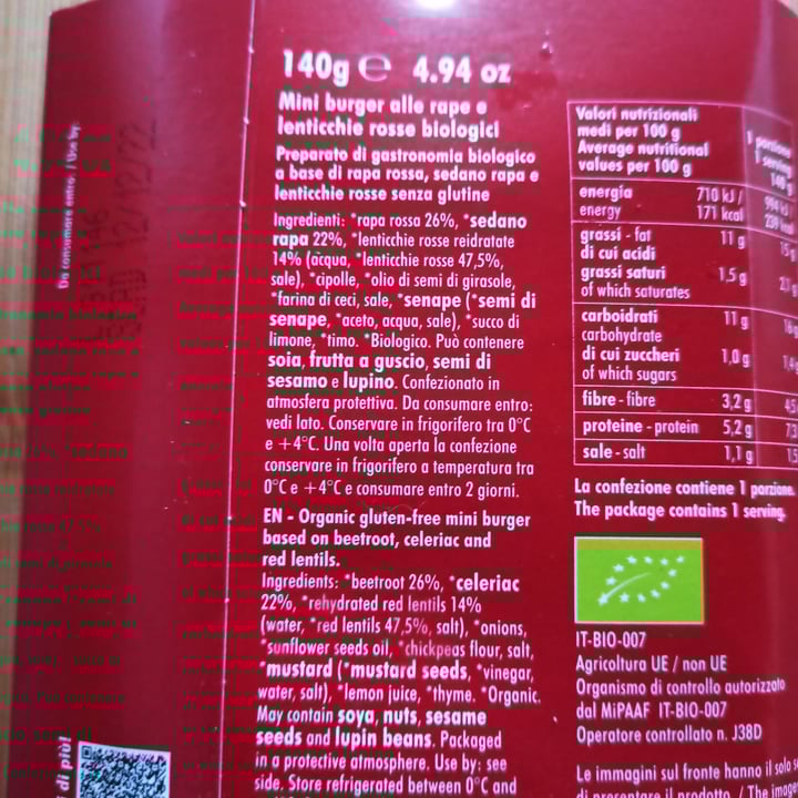 review photo of Natura Sì Mini burger Alle Rape E Lenticchie Rosse shared by @ire86 on 18 Nov 2022 - review